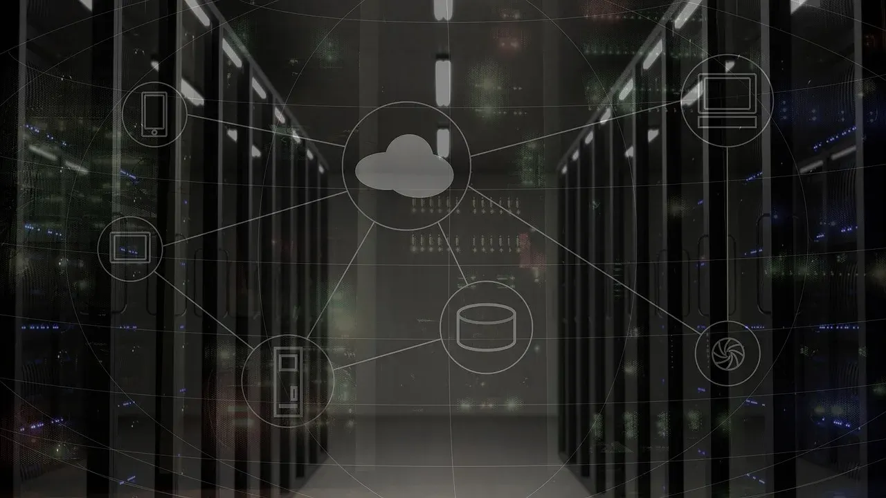 Cloud, device and database network icons overlaid on a data centre server aisle