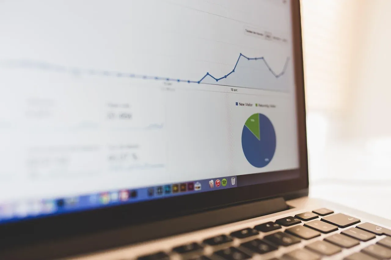 A laptop screen showing a line chart and a pie chart