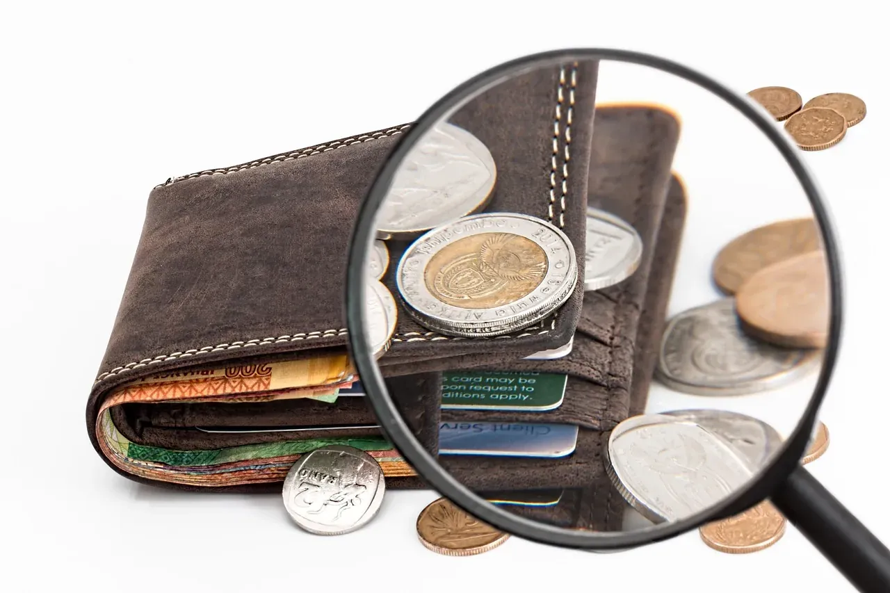 Wallet and coins under a magnifying glass